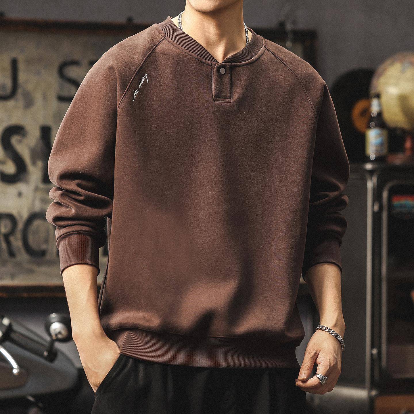 Madness Mdns Wruei美式高级感重磅加绒加厚亨利领卫衣男潮牌上衣