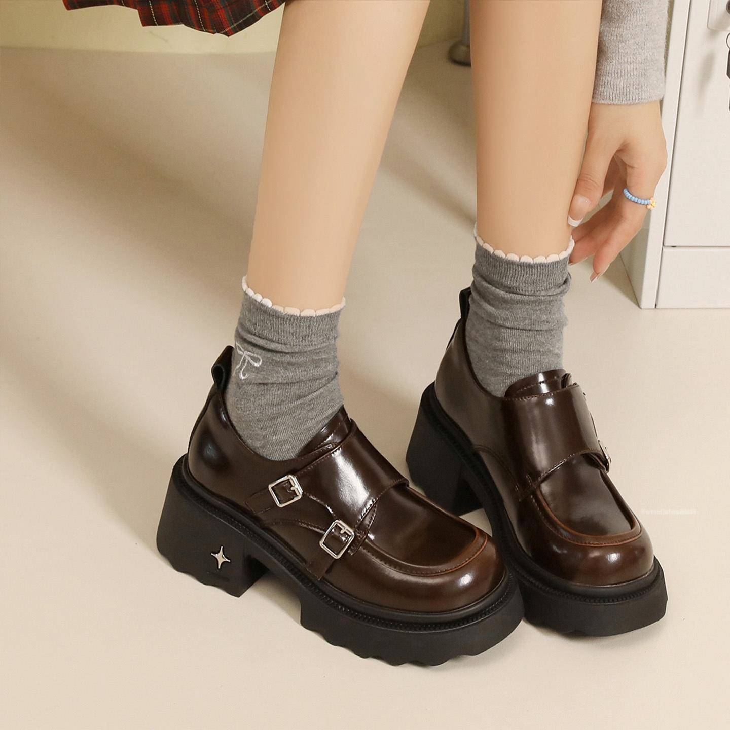 香港2025春童新款粗跟增高乐福鞋女时尚百搭小皮鞋魔术贴百搭单鞋