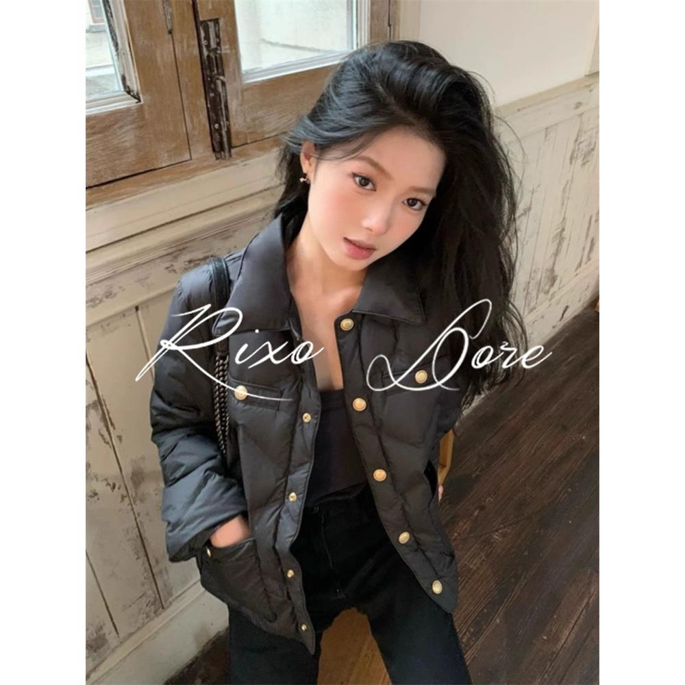 RIXO DORE法式黑色小香风羽绒棉服新款百搭短款轻薄翻领外套上衣