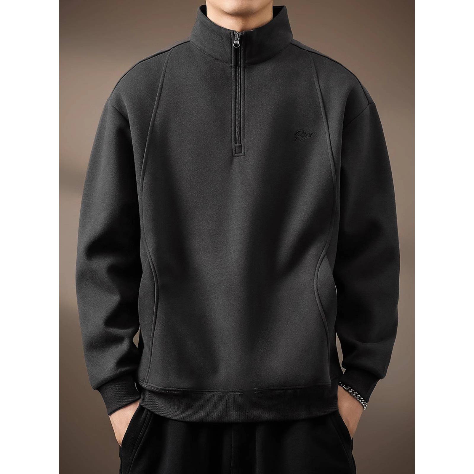 it neith BIAS潮牌软糯重磅美式半拉炼立领卫衣男春秋覆古Polo衫