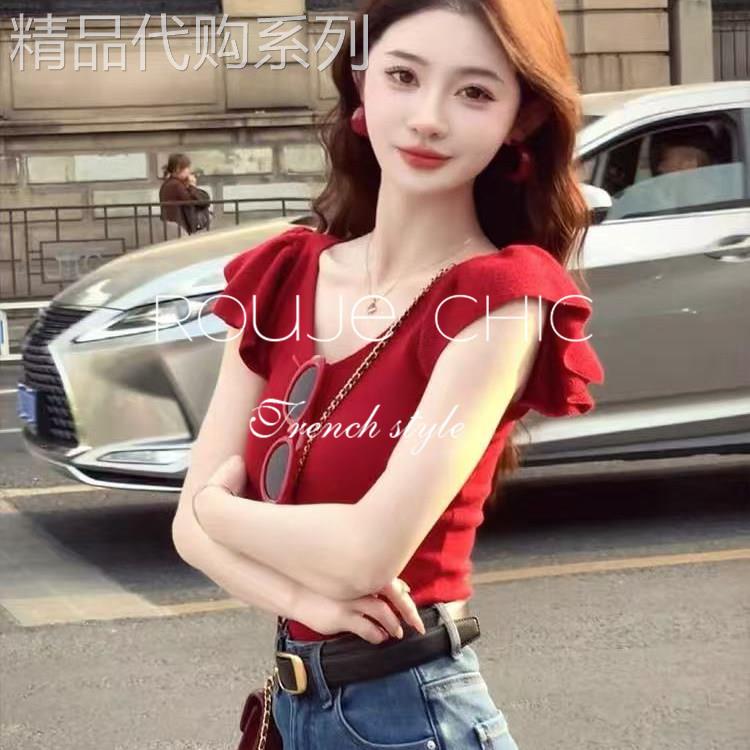 法国rouje chic法式红色V领1/4吋套筒扳手袖冰丝针织短袖T恤女夏