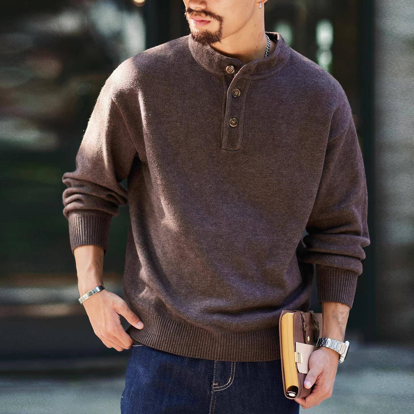 Madness Mdns Wruei美式休闲2025秋冬纯色亨利领针织衫毛衣外套男