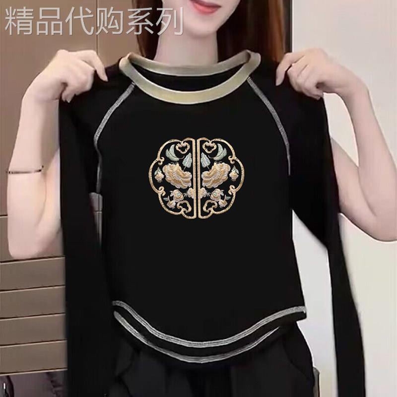 民族风格拉格兰长袖女式t恤2025新秋新中国风修身内天鹅绒底衬衫T
