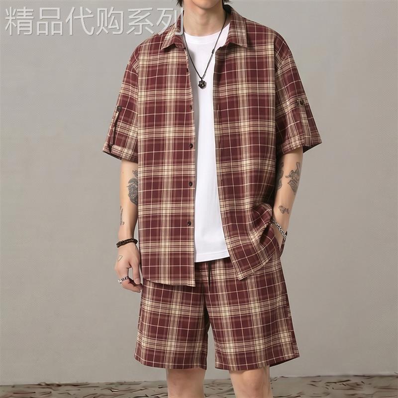 美式复古格纹短袖衬衫套装男生夏季2026新款潮流休闲度假风两件套