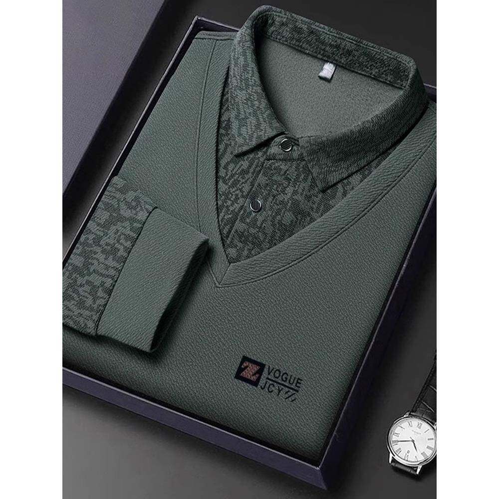 高端男士长袖t恤假两件春秋冬季2025新款加绒打底POLO衫卫衣男款