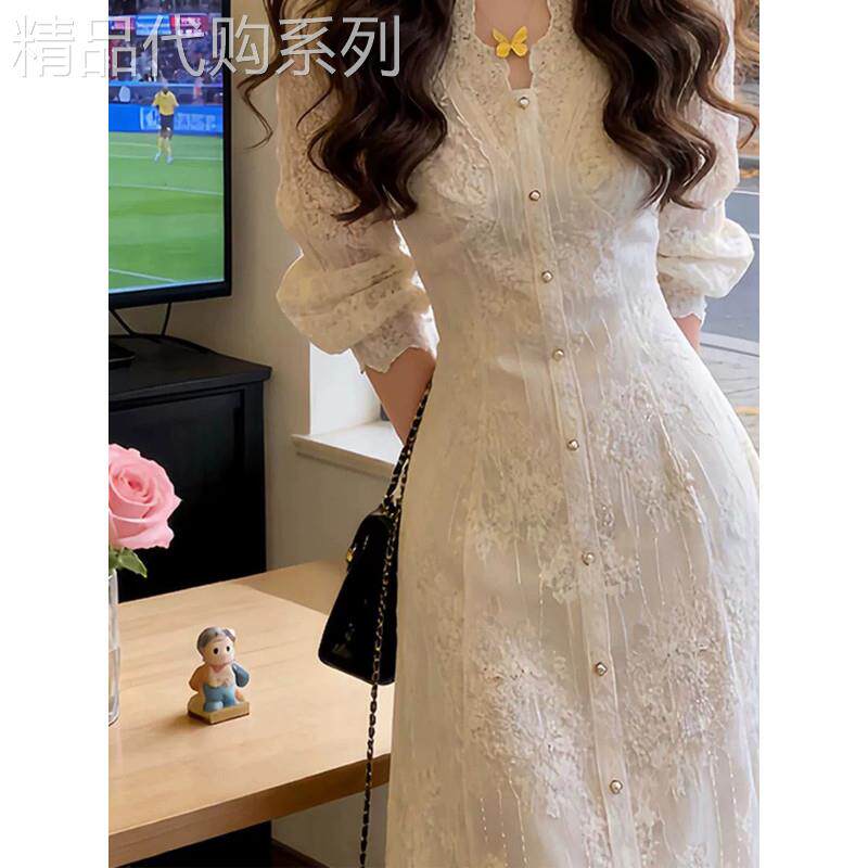 绝美长袖白色蕾丝连衣裙子女装2026秋冬新款淡人高知穿搭法式长裙