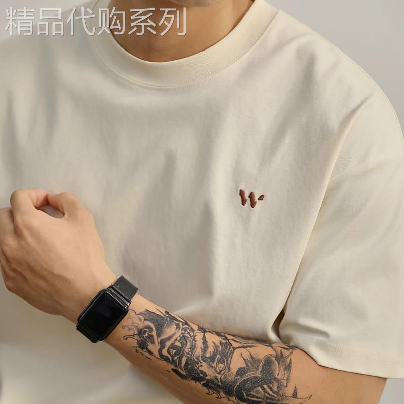潮牌简奢气质感小刺绣纯棉半袖T恤男士夏季休闲百搭落肩圆领短袖