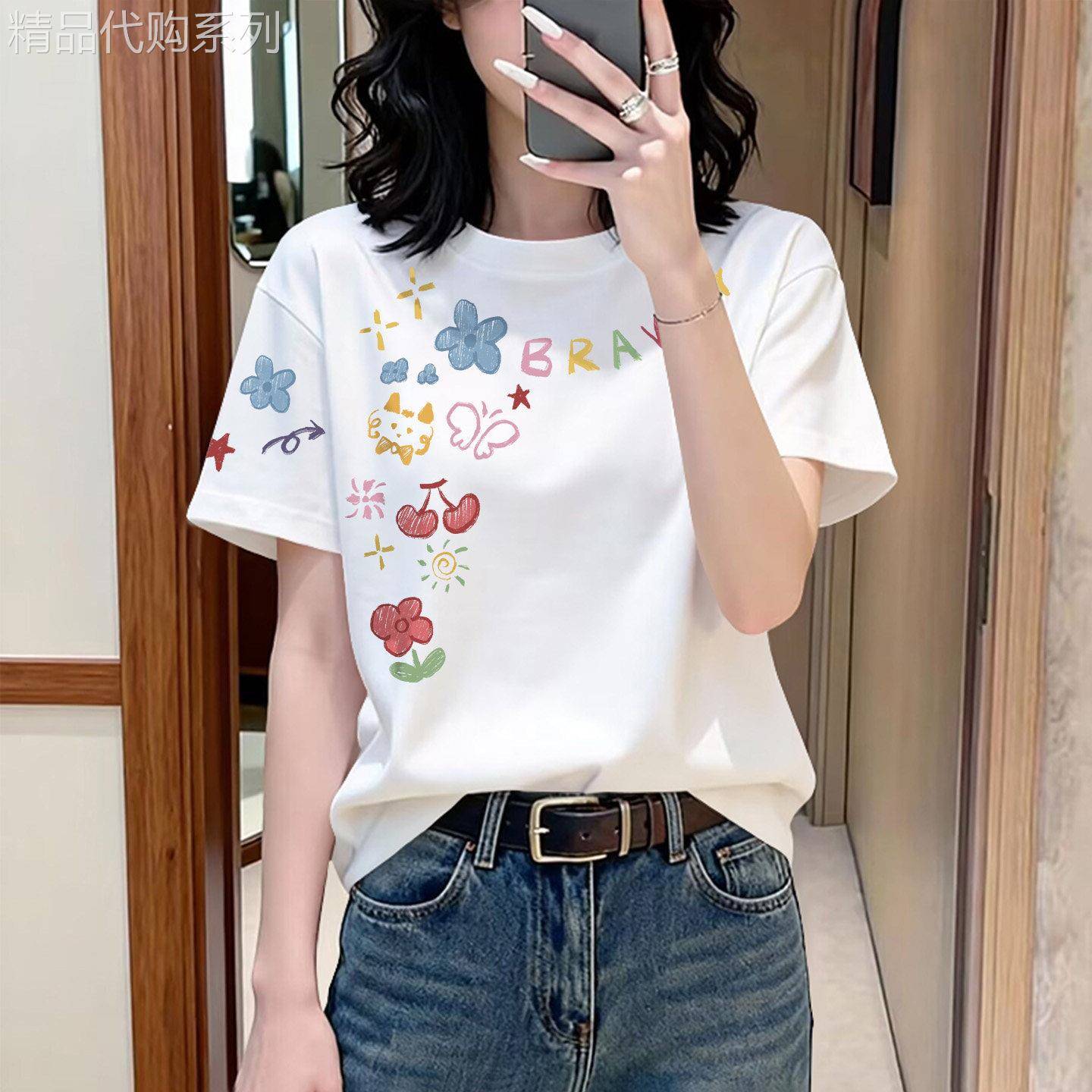 圆领全棉短袖T恤女装夏季薄款宽松大尺码设计感小个子正肩纯棉上