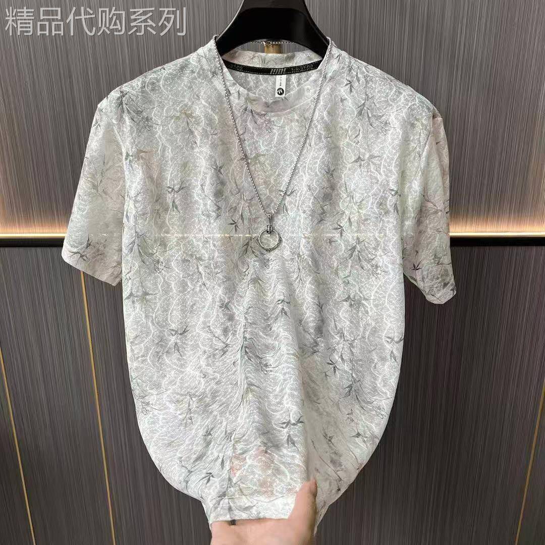 潮牌提花镂空半透明上衣男士夏季薄款网纱个性感时尚亲肤透气半袖图片