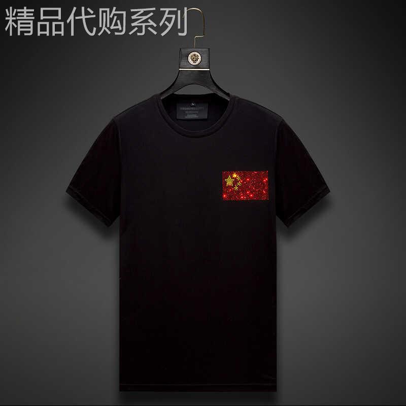 香港正品潮牌夏季中国国旗烫钻上衣男女款丝光棉大码修身短袖T恤