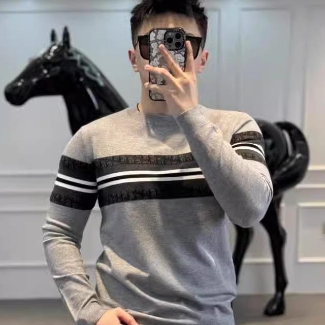 冬季新品欧洲站高端时尚拼接条纹毛衣男休闲潮流长袖羊毛衫内搭