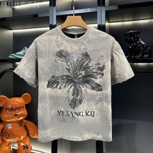 夏季潮牌男士品质轻奢破洞设计感短袖T恤个性潮流时尚半袖打底衫