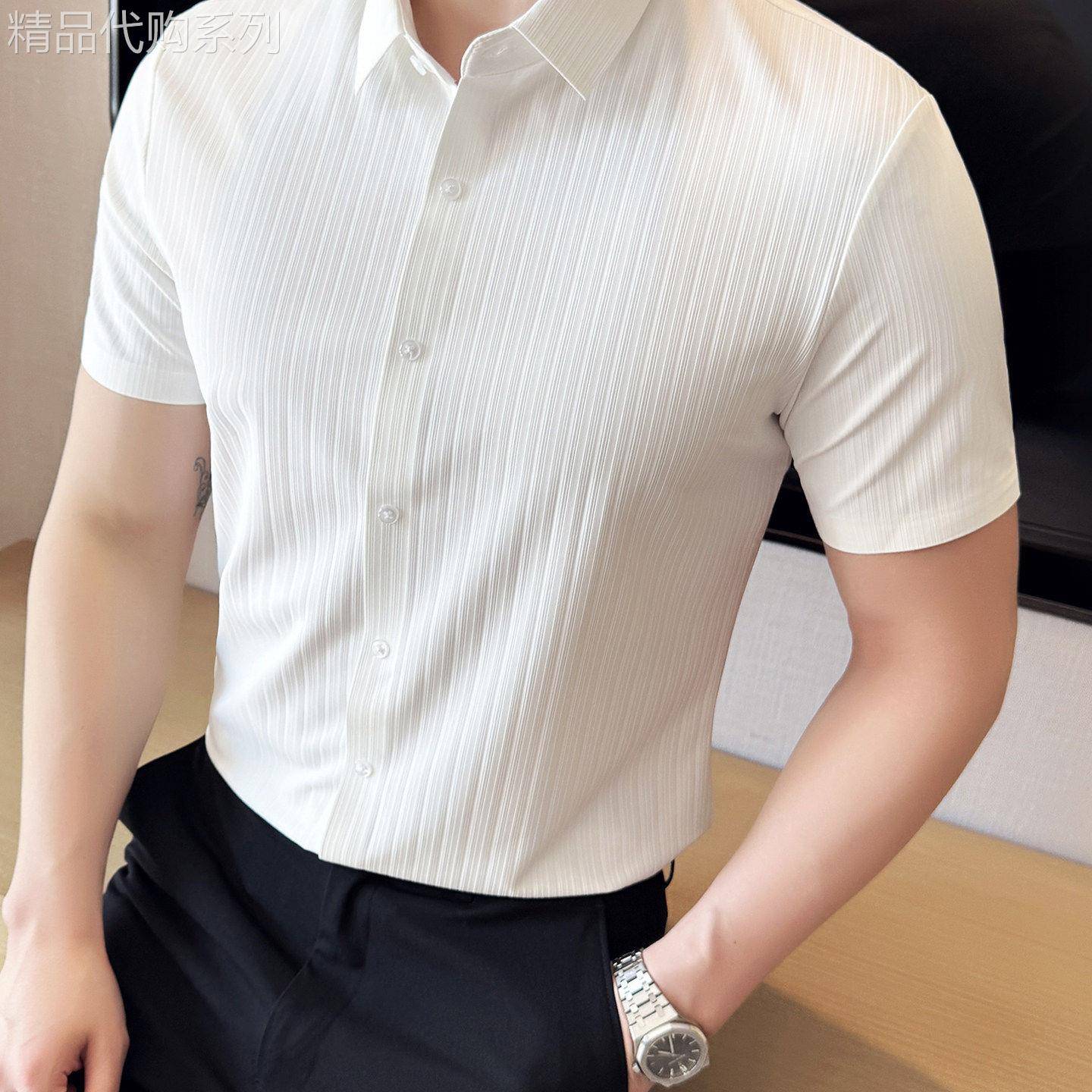 衬衫男士短袖垂感抗皱2026新款夏季冰丝正装商务白色条纹修身衬衫