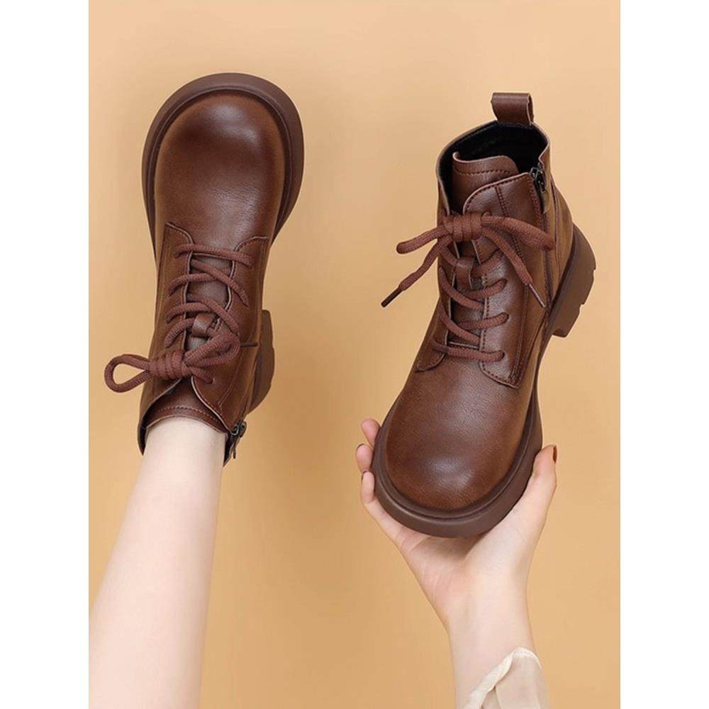 英伦风覆古圆头系带马丁靴女款2025秋季新款休闲平底时尚百搭短靴