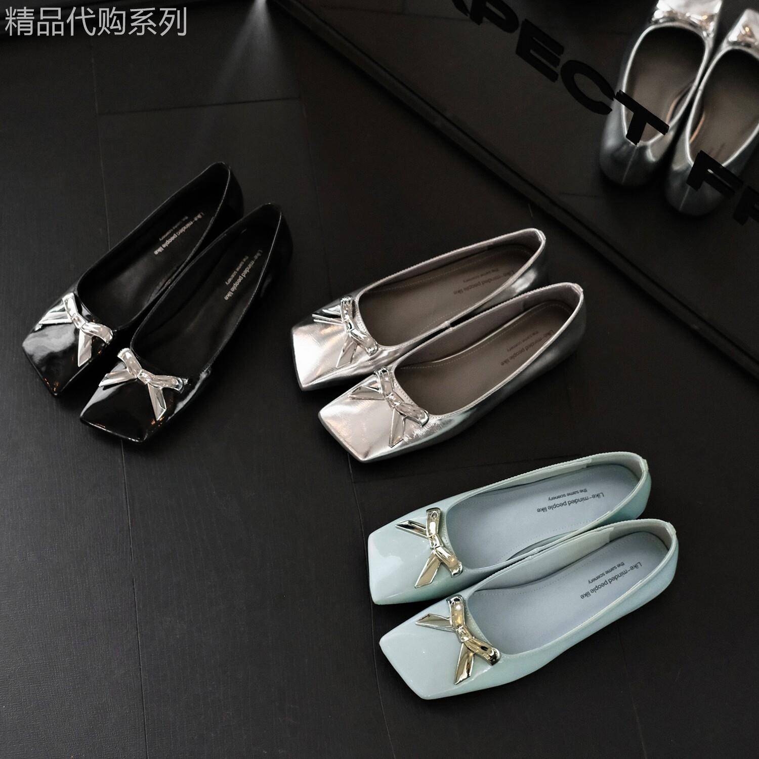 氧气少女~ 法式气质漆皮金属蝴蝶结浅口单鞋女斜方头内增高瓢鞋春