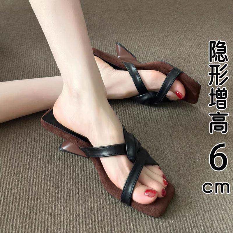 香港真皮法式黑色坡跟凉拖鞋女夏外穿2026新款绝美配裙子高跟凉鞋