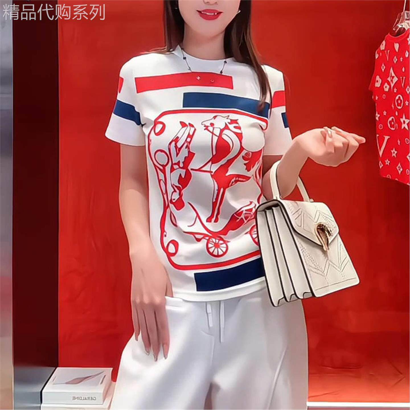 Candy丨衣依佳2026夏季撞色条纹车马印花圆领T恤复古修身短袖打底