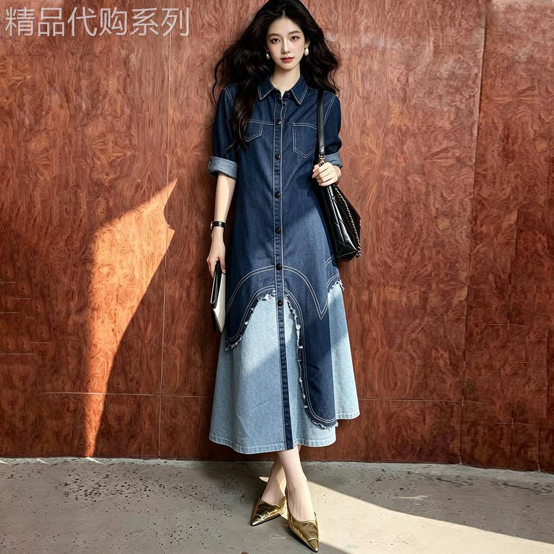 法式蓝色牛仔衬衫连衣裙女夏季2026新款气质特别漂亮掐腰显瘦长裙
