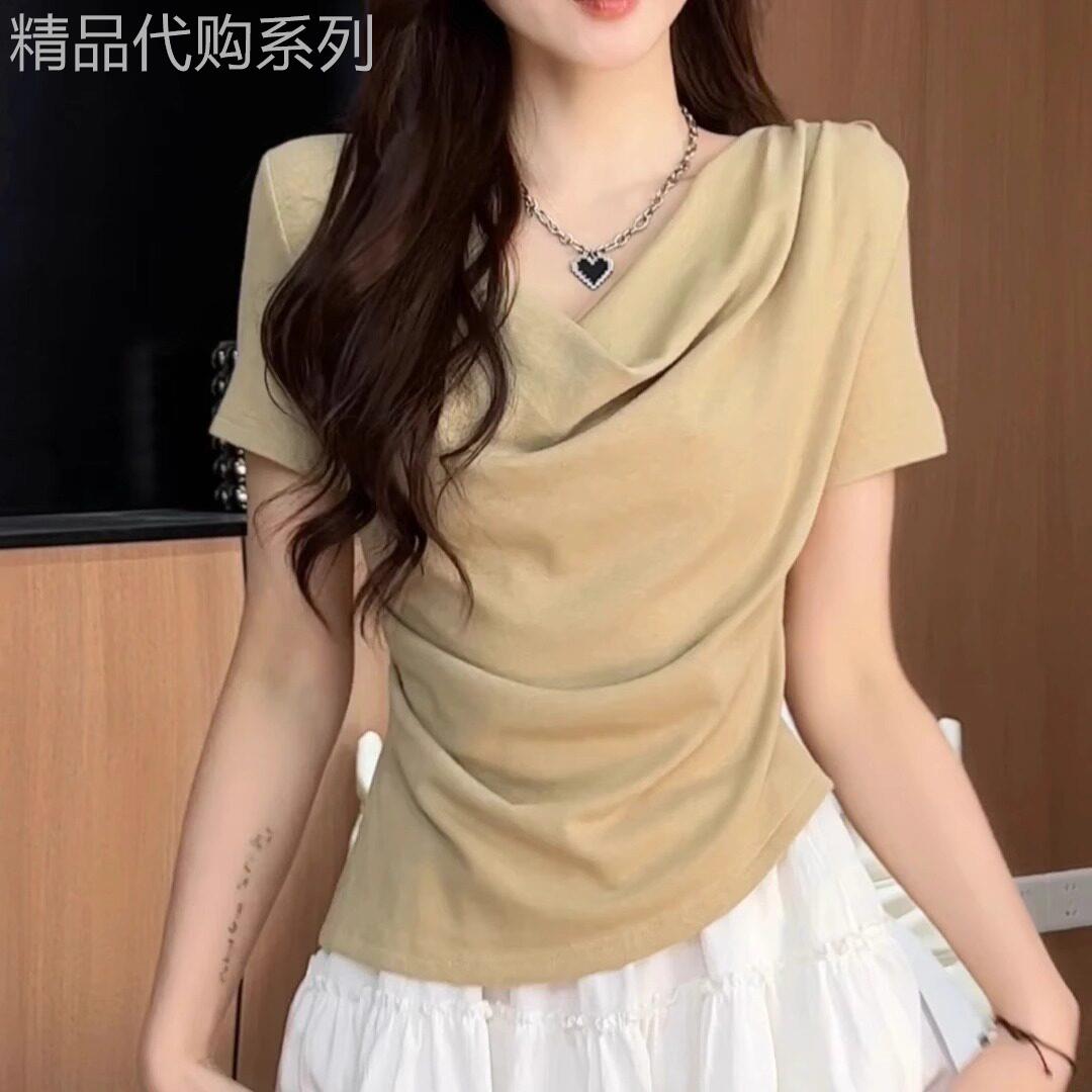 V领短袖T恤女士夏季薄款2026新款大尺码胖mm显瘦不规则半袖T恤上