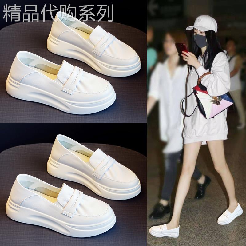 小白鞋女鞋2026年新款春秋季真皮厚底松糕一脚蹬休闲百搭内增高鞋