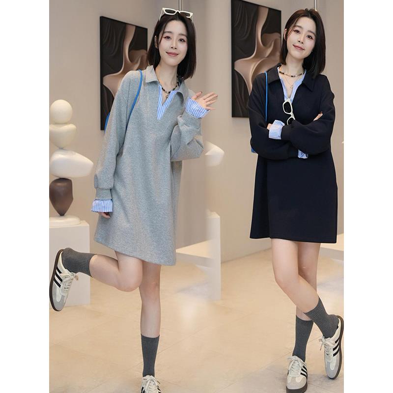 潮牌时尚假两件衬衫拼接厚T恤裙女2025秋季新款小众设计感宽松