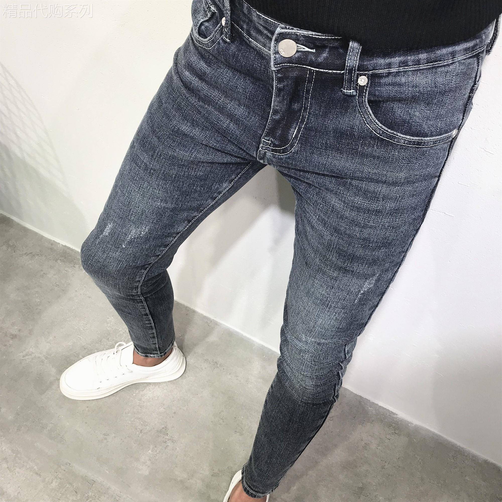 男士旧蓝百搭经典弹力牛仔裤春秋韩版修身小脚裤社会青年网红同款