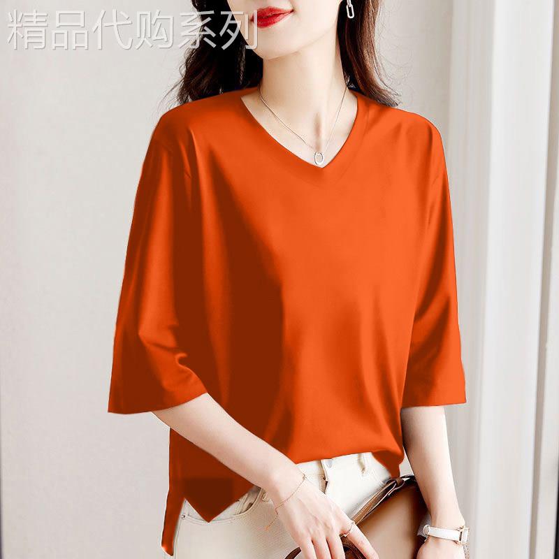纯棉t恤女七分袖夏季新款V领宽松薄款中袖T恤休闲短袖上衣潮女装