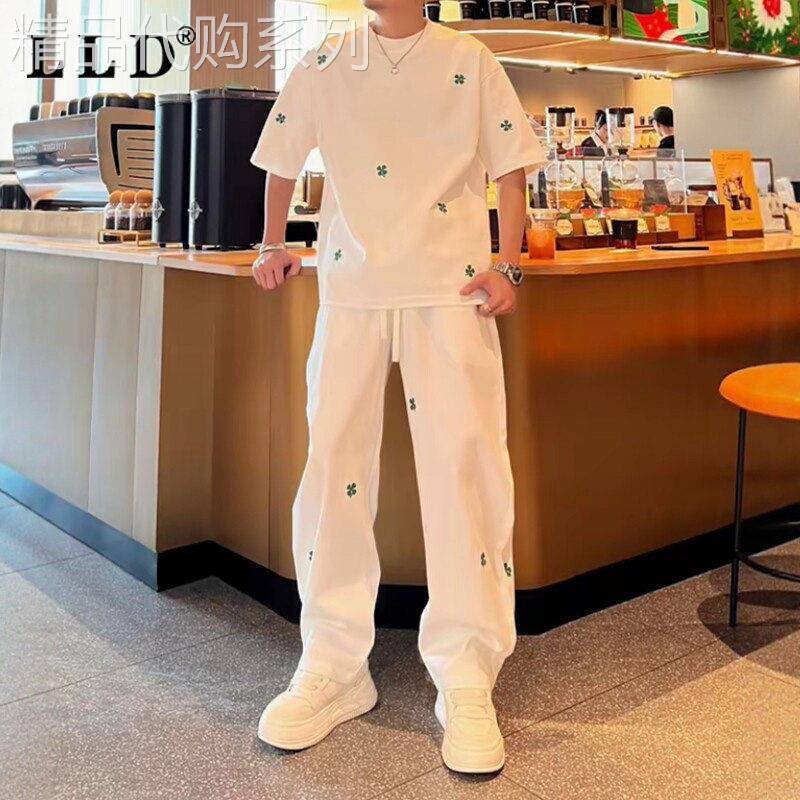 高端刺绣运动套装男士夏季2026新款圆领短袖T恤休闲裤男款两件套