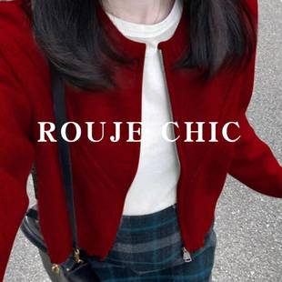 法国rouje chic法式红色新中式针织开衫外套女秋冬气质高级感毛衣