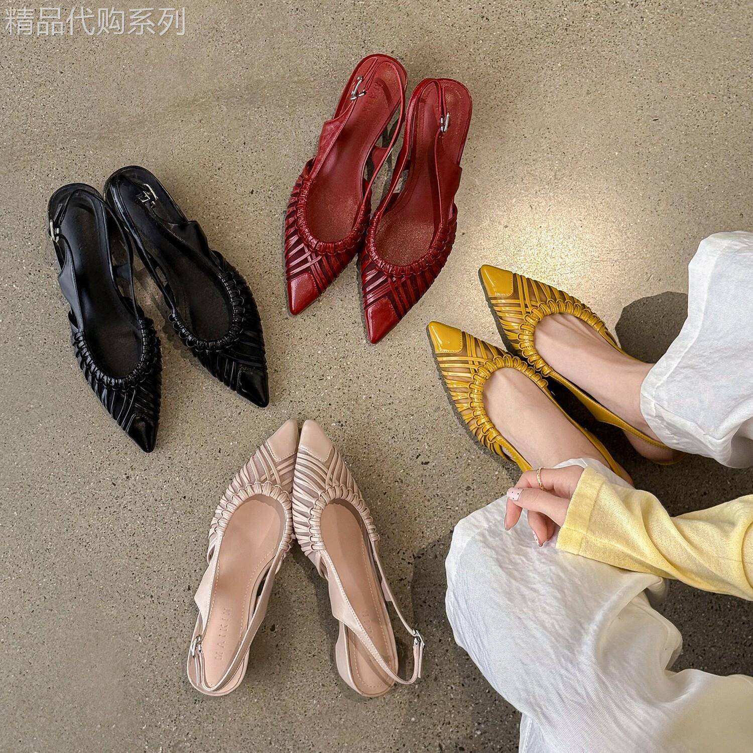复古明艳!气质度假风网纱镂空编织罗马鞋女尖头浅口粗跟凉鞋夏季