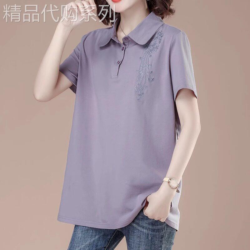 中年polo衫女短袖T恤夏翻领全棉大码宽松遮肚薄妈妈洋气高贵上衣