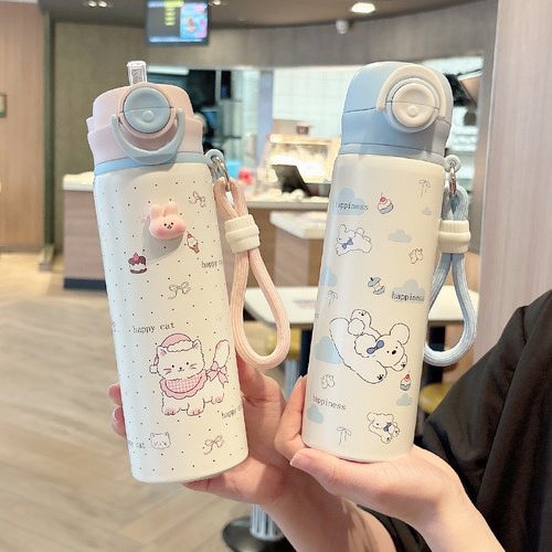 可爱高颜值保温杯女生双饮吸管杯