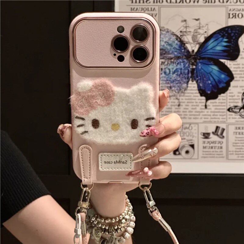 秋冬毛毡可爱kitty猫iPhone16promax手机壳苹果15pro少女14卡通13手提挂绳12立体11全包xr日韩