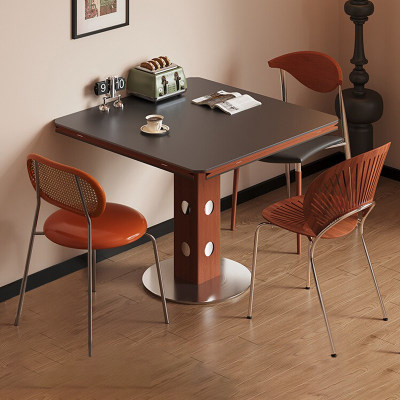 实木包豪斯复古餐桌可折叠伸缩小户型家用中古风方圆两用岩板圆桌