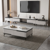 2024新款 极简客厅家用可伸缩落地柜 实木岩板电视柜茶几组合意式