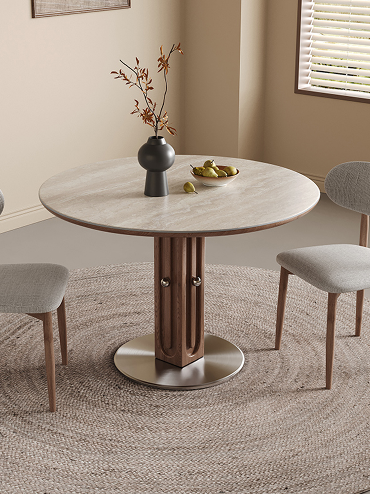 中古风洞石岩板圆桌覆古圆形餐桌家用小户型北欧包豪斯实木吃饭桌