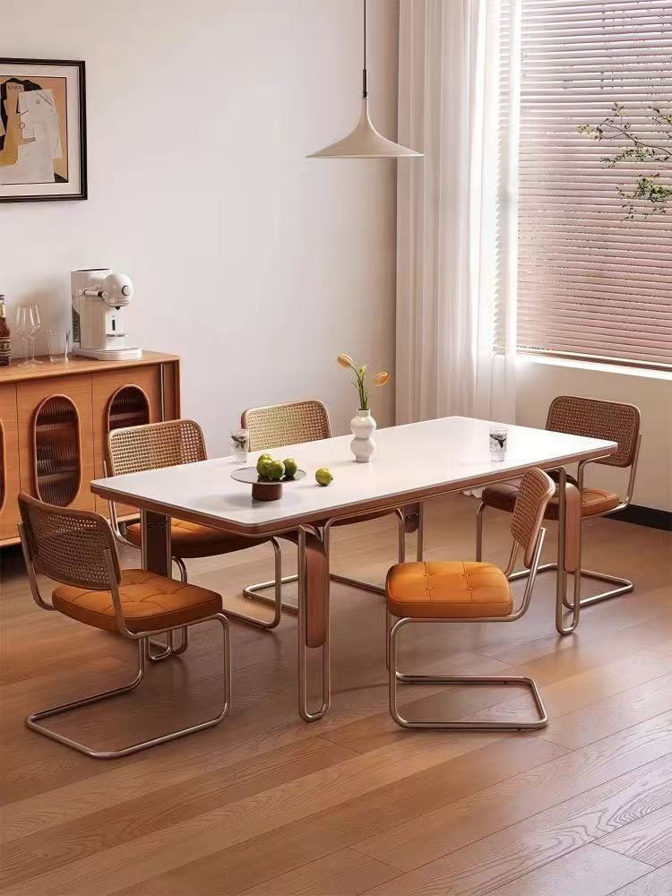 覆古岩板实木餐桌家用小户型包豪斯高端长方形中古风家具饭桌椅子