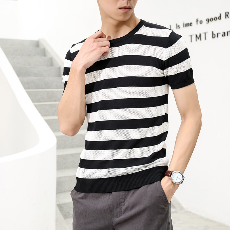 2019 Short sleeved T-shirt Korean Edition Metrosexual Versatile Hollow black and white stripe Borneol Sweater Thin section jacketin the Men's clothing, Knitwear/Sweaters  category - from Buy2taobao.com to provide professional Taobao agent buy service