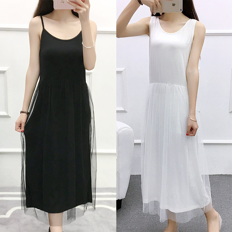 网纱拼接连衣裙夏女2018新款韩版学生莫代尔中长款白色仙女裙气质