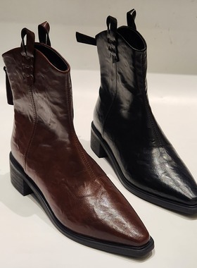 46005粗跟清版高跟女靴系带欧美尖头细跟显腿长时装靴增高短靴女