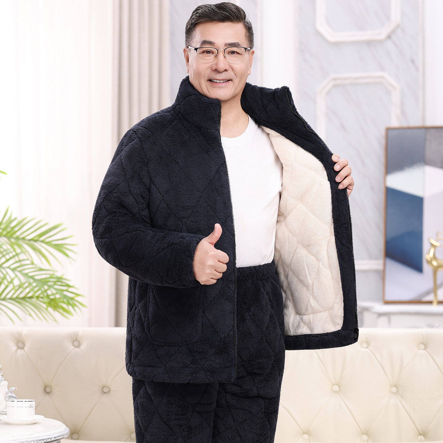 男士睡衣秋冬款珊瑚绒夹棉加厚加绒中老年爸爸家居服冬季拉链套装