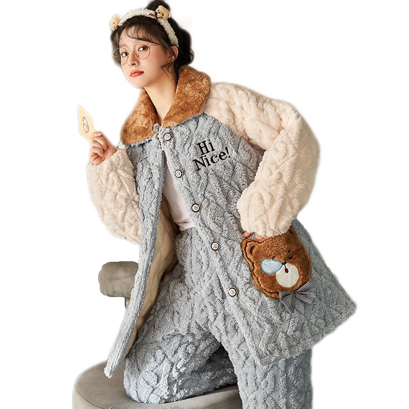 冬季三层珊瑚绒夹棉保暖家居服