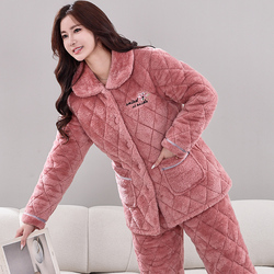 中老年睡衣冬季女三层加厚加绒珊瑚绒夹棉袄保暖妈妈家居服秋冬款