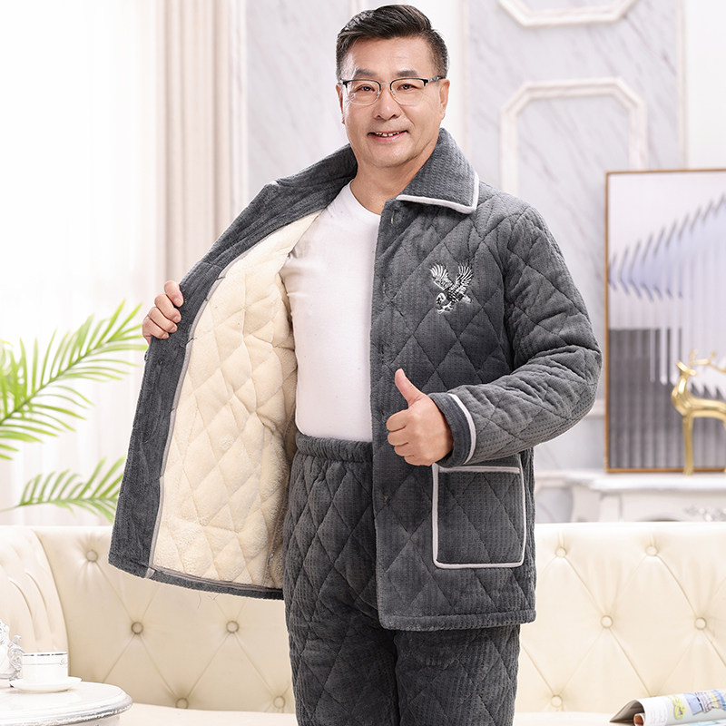 中老年人睡衣男冬季珊瑚绒夹棉保暖加厚加绒男士爸爸家居服秋冬款