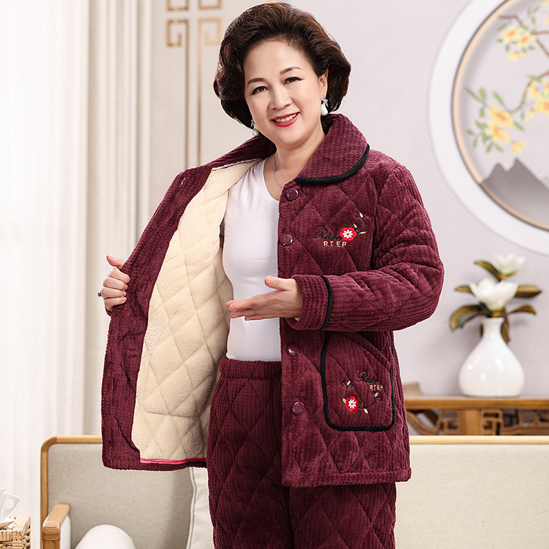 妈妈睡衣女秋冬季珊瑚绒夹棉三层加厚中老年人加绒保暖家居服冬款