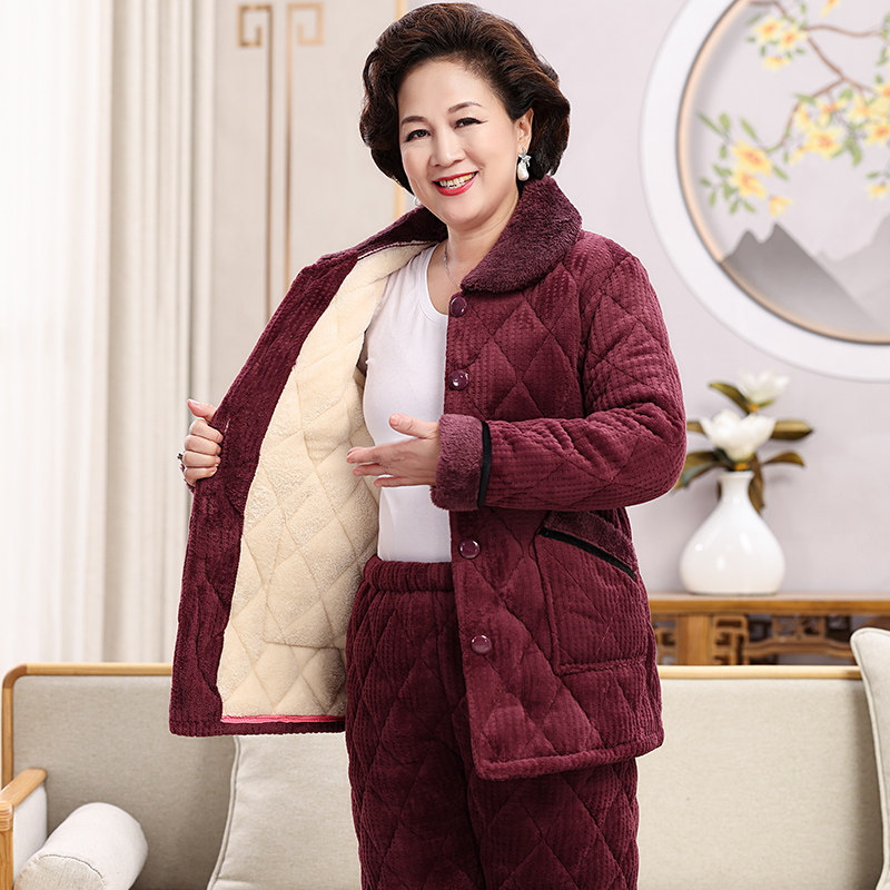 睡衣女士秋冬季三层加厚加绒珊瑚绒夹棉中老年妈妈套装家居服冬款,女士内衣/男士内衣/家居服,睡衣/家居服套装,淘宝优惠券,粉丝福利购,淘宝优惠卷