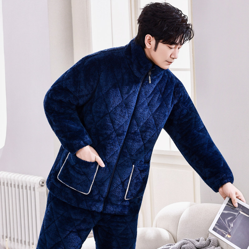 睡衣男冬季加厚珊瑚绒夹棉保暖加绒男士秋冬天家居服新款拉链套装