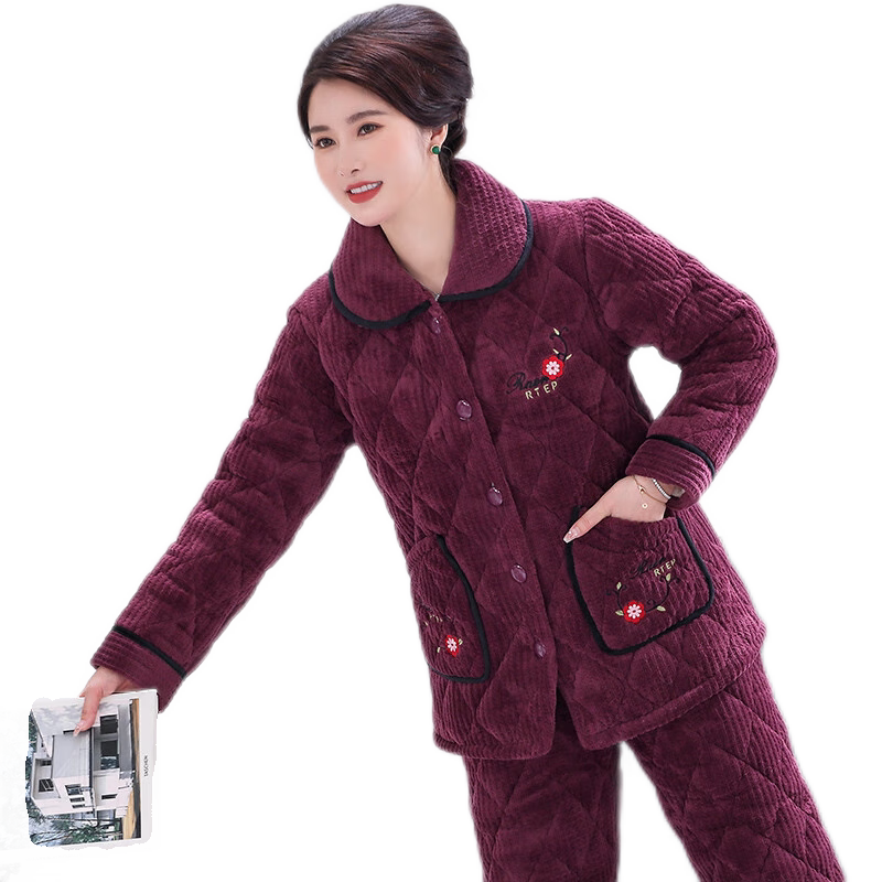 加厚睡衣女冬季珊瑚绒夹棉妈妈装