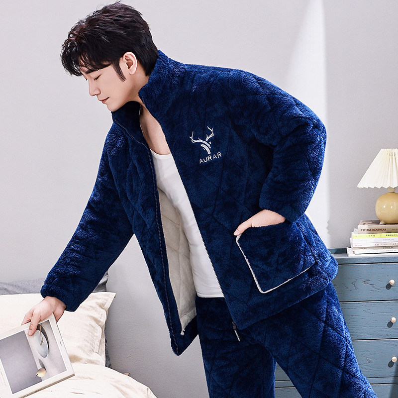 睡衣男冬季珊瑚绒三层夹棉袄加绒加厚保暖法兰绒拉链家居服秋冬款
