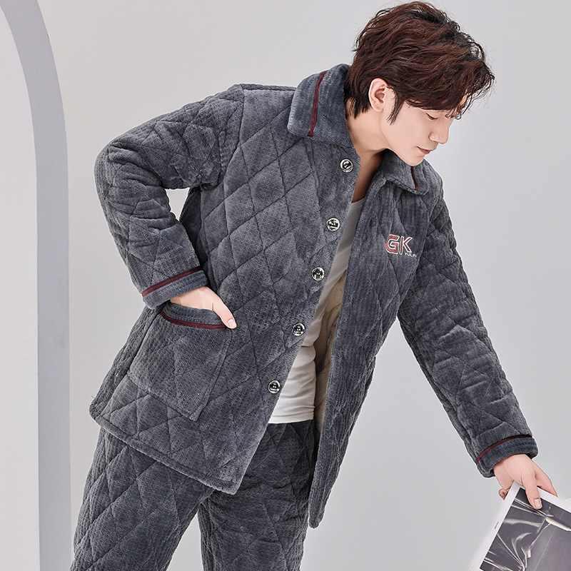 睡衣男款冬季加厚加绒珊瑚绒三层夹棉保暖法兰绒家居服套装秋冬天